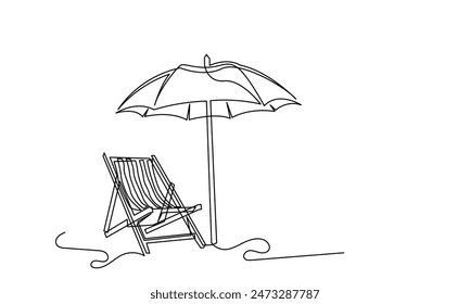 Continuous line drawing of Tropical beach umbrella striped beach chairs.Concept of holiday summer vacation and Relaxing on the beach.Isolated on a white background.
