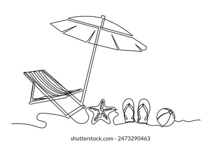 Continuous line drawing of Tropical beach umbrella striped beach chairs and starfish, slippers,beach ball.Concept of holiday summer vacation and Relaxing on the beach.Isolated on a white background.