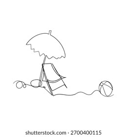 Desenho de linha contínua de Tropical praia guarda-chuva listrado cadeiras de praia e bola de praia. Conceito de férias de verão de férias e relaxante na praia. Isolado sobre um fundo branco