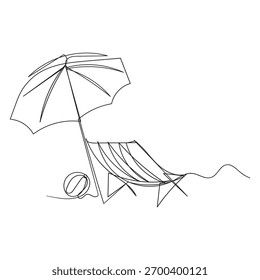 Desenho de linha contínua de Tropical praia guarda-chuva listrado cadeiras de praia e bola de praia. Conceito de férias de verão de férias e relaxante na praia. Isolado sobre um fundo branco