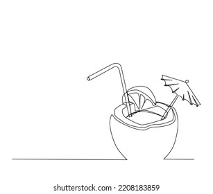 Continuous line drawing of tropical coconut drink vector illustration. Summer tropical coconut juice single line hand drawn minimalism style.
