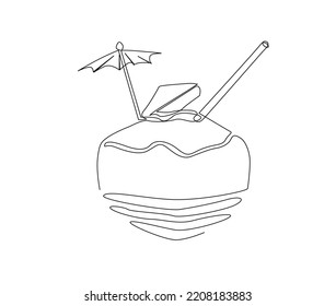 Continuous line drawing of tropical coconut drink vector illustration. Summer coconut drink single line hand drawn minimalism style.
