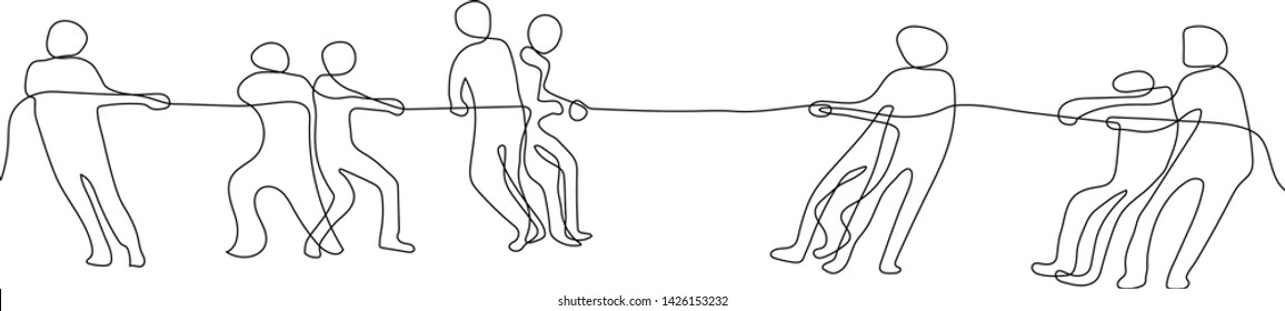 Continuous line drawing of tug war pulling each individuality group.  Concept competition