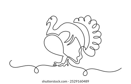 Desenho de linha contínua de peru pássaro ilustração.Farmyard pássaro animal
Ação de Graças Turquia vetor de arte de linha isolado em um fundo branco. Peru osceola selvagem
Meleagris gallopavo.
