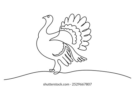 Desenho de linha contínua de peru pássaro ilustração.Farmyard pássaro animal
Ação de Graças Turquia vetor de arte de linha isolado em um fundo branco. Peru osceola selvagem
Meleagris gallopavo.
