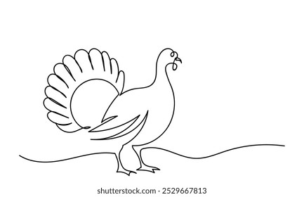 Desenho de linha contínua de peru pássaro ilustração.Farmyard pássaro animal
Ação de Graças Turquia vetor de arte de linha isolado em um fundo branco. Peru osceola selvagem
Meleagris gallopavo.
