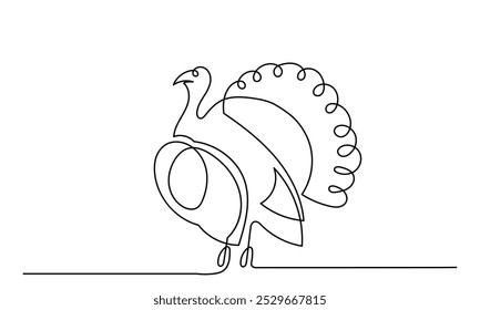 Desenho de linha contínua de peru pássaro ilustração.Farmyard pássaro animal
Ação de Graças Turquia vetor de arte de linha isolado em um fundo branco. Peru osceola selvagem
Meleagris gallopavo.
