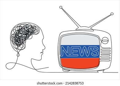 Continuous line drawing of  TV with Russian fake news. Propaganda coming from the TV to the Russian people.