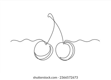 Dibujo continuo en línea de cerezas gemelas o dobles con tallo.