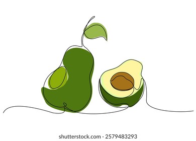 Continuous line drawing of two avocados, one whole and one halved, with organic green tones. Modern, simple, and elegant food illustration for food,health, nutrition ,concept, vector Editable stroke