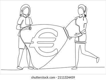 
continuous line drawing of two beautiful women carrying money bags, euro, currency symbol, investment icon, banking sign, banking cash. vector