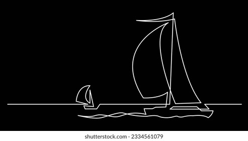 continuous line drawing of two beautiful sailboats sailing on sea with full sails