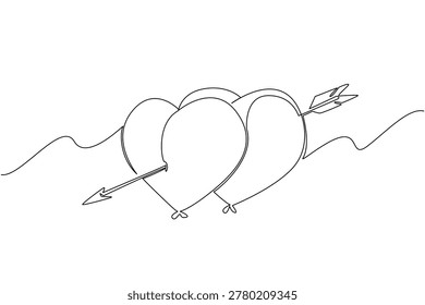 Continuous line drawing of two beautiful romantic heart balloons pierced together by a sharp cupid arrow. True love and affection relationship concept for National Couples Day poster background art