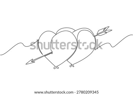 Continuous line drawing of two beautiful romantic heart balloons pierced together by a sharp cupid arrow. True love and affection relationship concept for National Couples Day poster background art