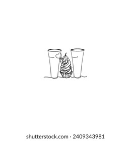 Continuous Line Drawing two Bottle and Cup Cake. Romantic dinner. Illustration Icon Vector