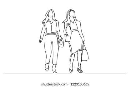continuous line drawing of two business women walking together and talking