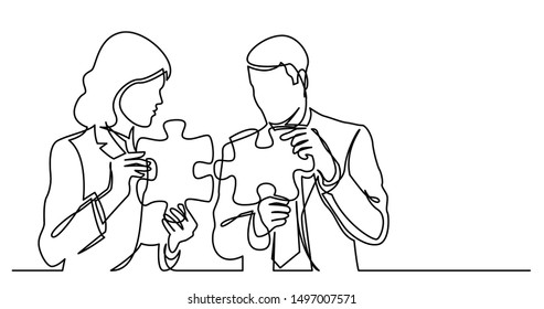 continuous line drawing of two business persons connecting puzzle pieces together