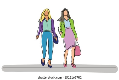 continuous line drawing of two business women walking together and talking