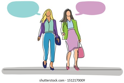 continuous line drawing of two business women walking together and talking with speech bubbles