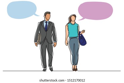 continuous line drawing of two business persons walking together and talking with speech bubbles