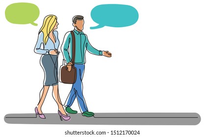 continuous line drawing of two business persons walking together and talking with speech bubbles