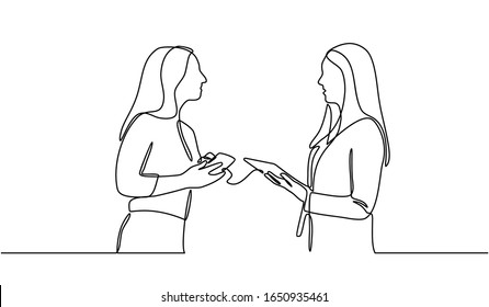 Continuous line drawing of two business women discussing in the conference room and showing cellphones. Creative business team brainstorming over project isolated on white background.