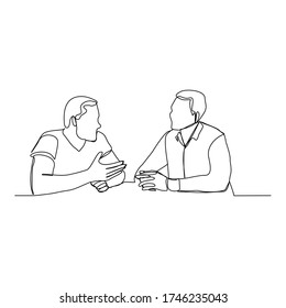 Continuous line drawing of two business men talking about  job. Vector illustration