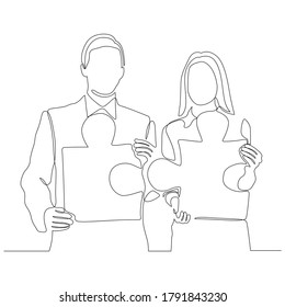 dibujo de línea continua de dos empresarios que conectan piezas de rompecabezas