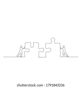 continuous line drawing of two business persons connecting puzzle pieces together