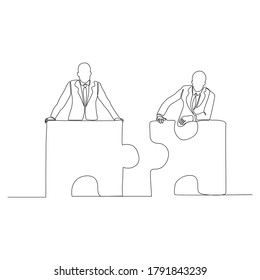 continuous line drawing of two business persons connecting puzzle pieces together