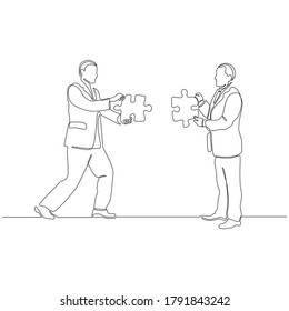 continuous line drawing of two business persons connecting puzzle pieces together