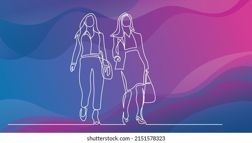 continuous line drawing of two business women walking together and talking