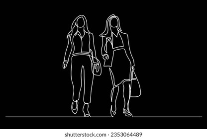 continuous line drawing of two business women walking together and talking