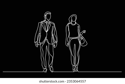 continuous line drawing of two business persons walking together and talking