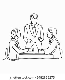 Continuous line drawing two business men shaking hands, Line drawing vector illustration, character of two men at a business meeting.