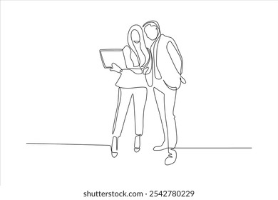 A continuous line drawing of two business professionals discussing over a tablet device.