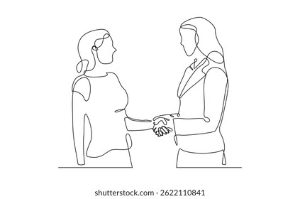 Dibujo de línea continuo de dos mujeres de negocios dándose la mano desde la vista superior. Ilustración vectorial de trazo editable de dibujo de boceto de concepto de negocio de gran negocio