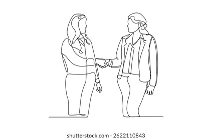 Desenho de linha contínua de duas empresárias apertando as mãos da vista superior. Grande negócio conceito esboço desenho desenho desenho de vetor de traço editável ilustração