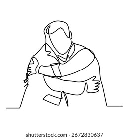Kontinuierliche Linienzeichnung von zwei Geschäftsleuten, die sich gegenseitig umarmen und die Arbeit des Partnerteams zeigen. Bearbeitbare Kontur Skizze Linie Geschäftskonzept Vektorgrafik