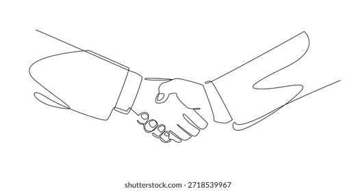 Continuous line drawing of two business hands shaking, symbolizing agreement, trust, partnership, and professional collaboration in a corporate context. Single line illustration.