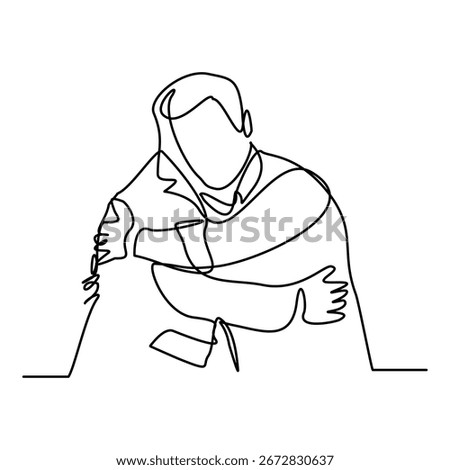 Continuous line drawing of two business man hugging each other success and showing partner team work. Editable stroke sketch line business concept vector illustration