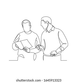 Continuous line drawing of two businessman talking and discuss about document. Vector illustration.