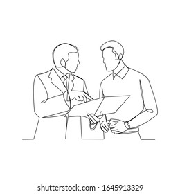 Continuous line drawing of two businessman talking and discuss about document. Vector illustration.