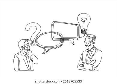Continuous line drawing of two businessman with speech bubble is drawn by a single black line on a white background. Continuous line drawing. Vector illustration.