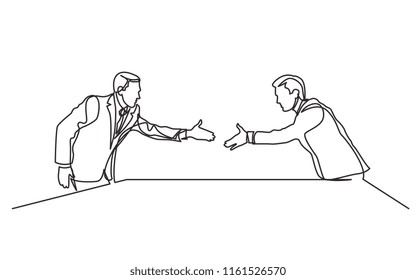 continuous line drawing of two businessmen shaking hands at business meeting