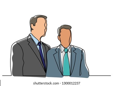 continuous line drawing of two businessmen standing together