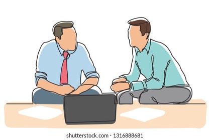 continuous line drawing of two businessmen sitting and talking