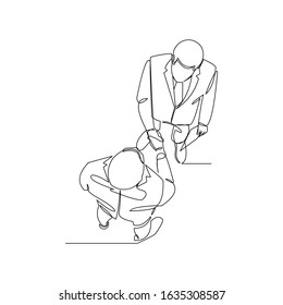 Continuous line drawing of two businessmen shaking hands from top view. Vector illustration.