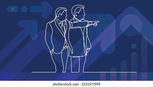 continuous line drawing of two businessmen standing together and pointing