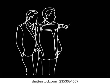 continuous line drawing of two businessmen standing together and pointing